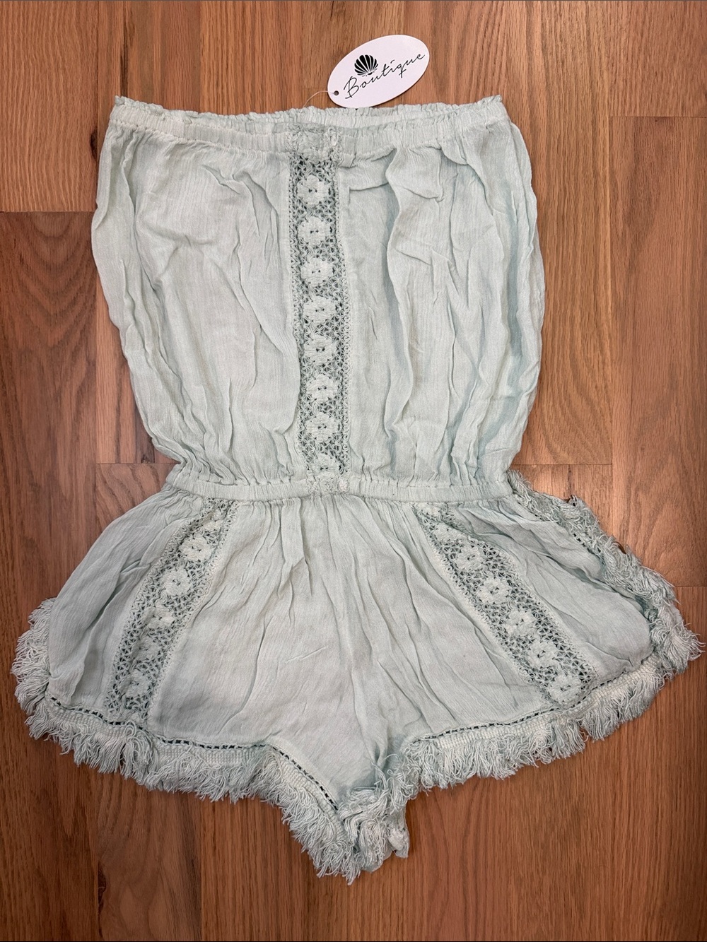 NWT Boutique Light Mint Crochet Trim Strapless Romper Coverup